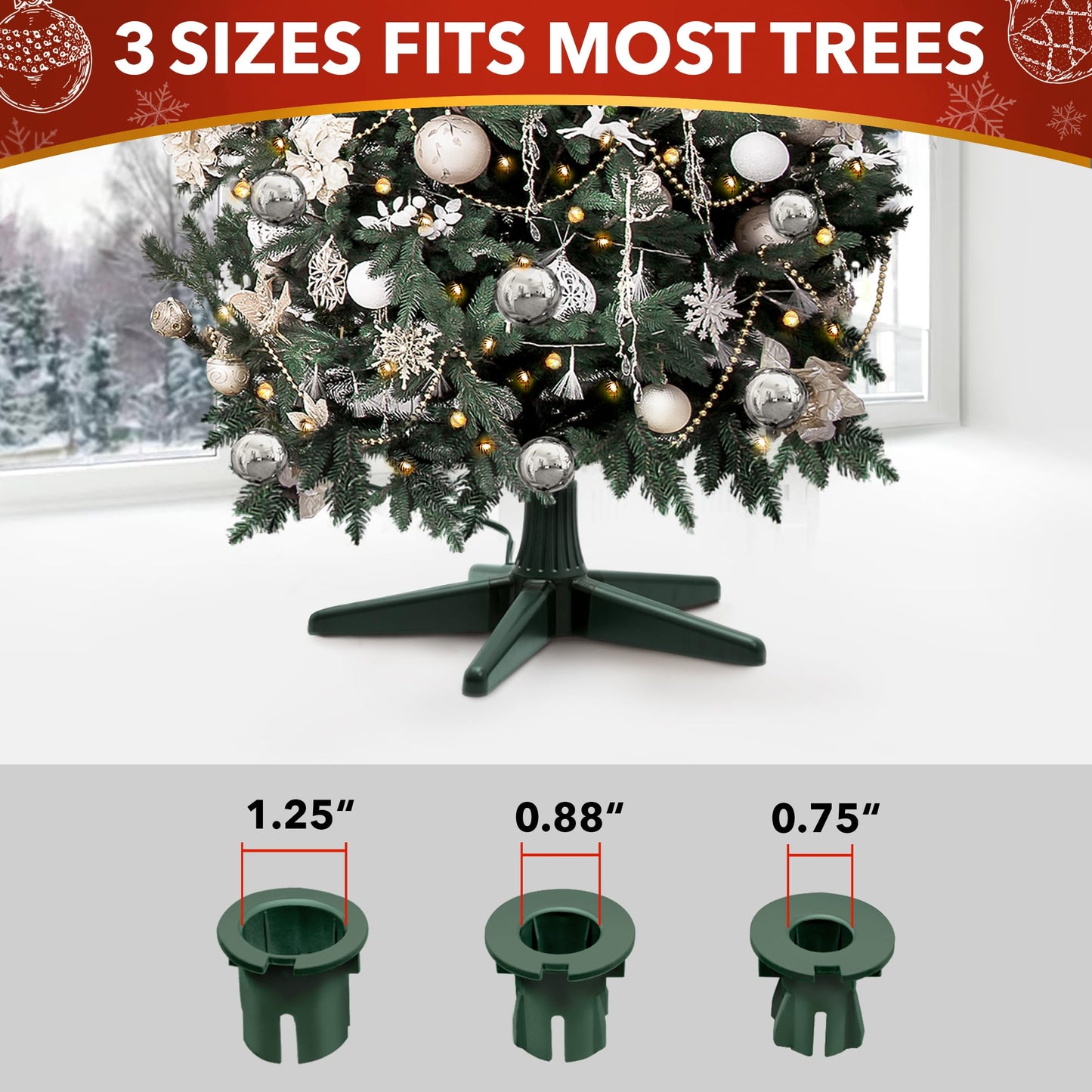 Stephan Roberts Rotating Christmas Tree Stand with 360° Rotation, 5 Legs, 3 Power Outlets, 3 Adjustable Size Attachments, 3-Setting Switch – Stable & Durable Holiday Tree Base (Green)