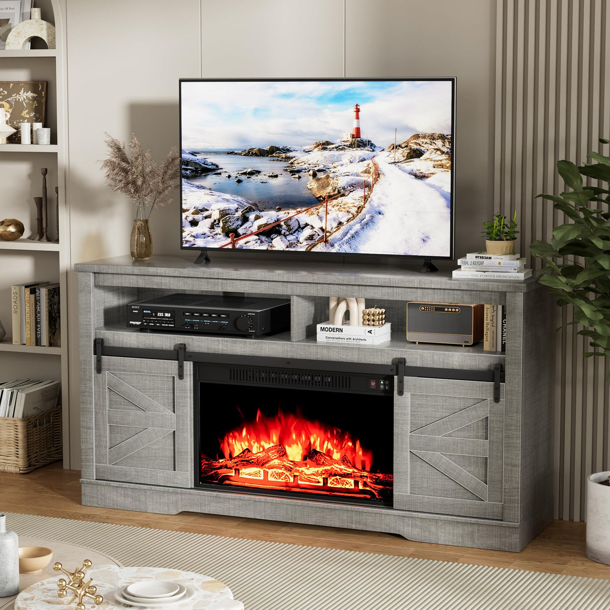 Furniwell Electric Fireplace TV Stand for TVs up to 65", Media Entertainment Center with 26” Fireplace, Farmhouse Console with Sliding Barn Door and Adjustable Storage Shelves for Living Room (Gray) Furniwell