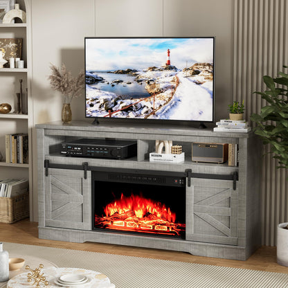 Furniwell Electric Fireplace TV Stand for TVs up to 65", Media Entertainment Center with 26” Fireplace, Farmhouse Console with Sliding Barn Door and Adjustable Storage Shelves for Living Room (Gray)