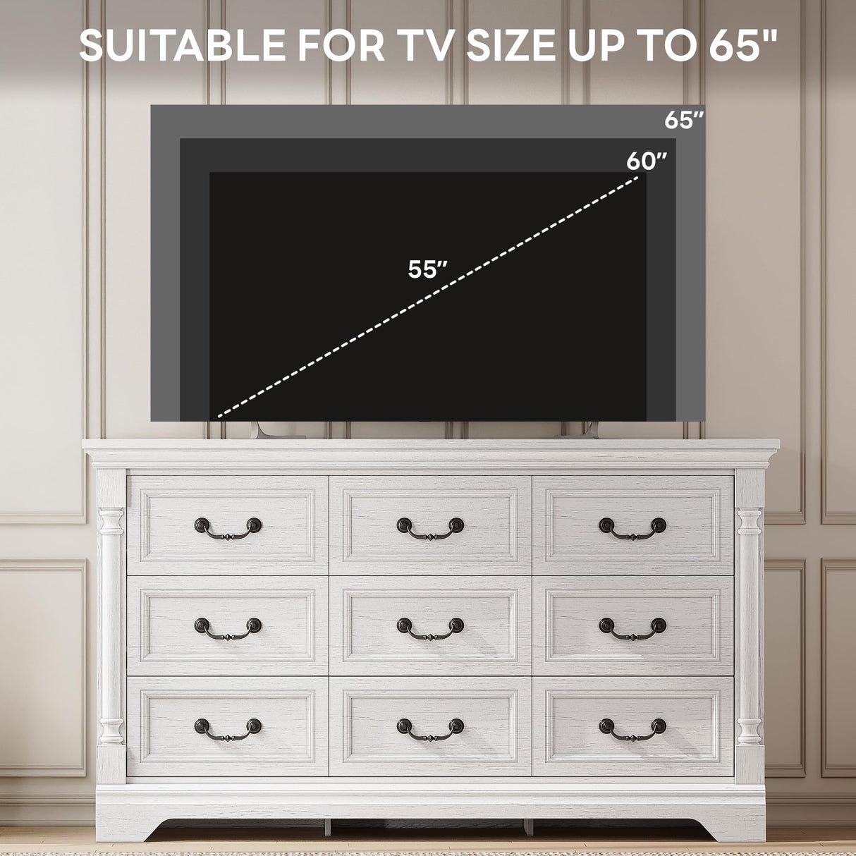 LIKIMIO Farmhouse Dresser for Bedroom with 9 Drawers, 58" Wide Wood Chest of Drawers with Roman Column, Dresser TV Stand for 65", Closet Storage Dressers Organizer for Bedroom, Living Room, Hallway LIKIMIO