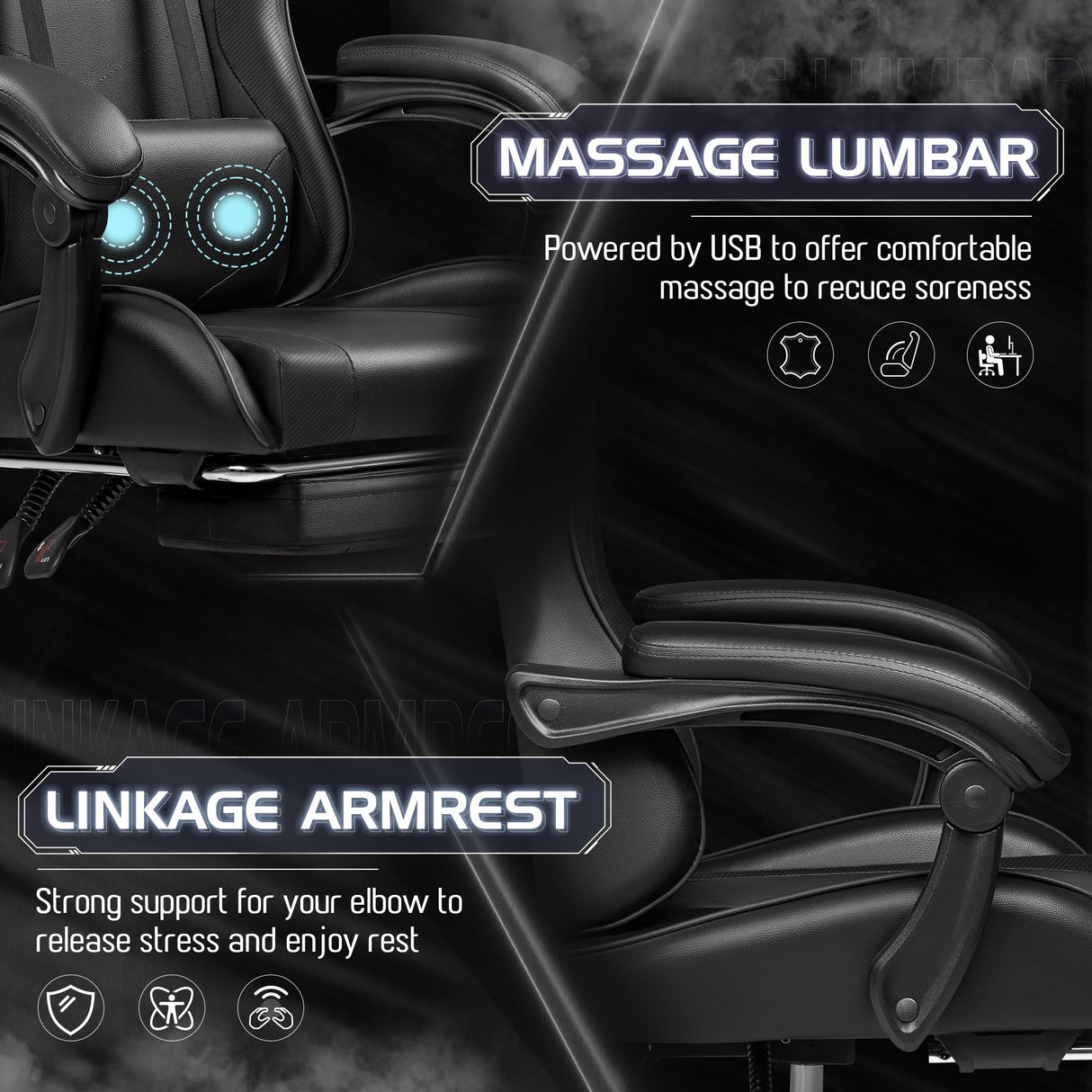 Homall Gaming Chair, Video Game Chair with Footrest and Massage Lumbar Support, Ergonomic Computer Chair Height Adjustable with Swivel Seat and Headrest (Dark Black) Homall