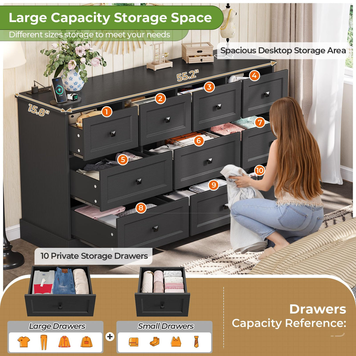 Hasuit Black Bedroom Dresser with 10 Drawers, 55.2" Long Drawer Dresser with Charging Station, Farmhouse Dresser Chest of Drawers, Large Wooden Storage Tower Organizer Dresser for Bedroom Living Room Hasuit