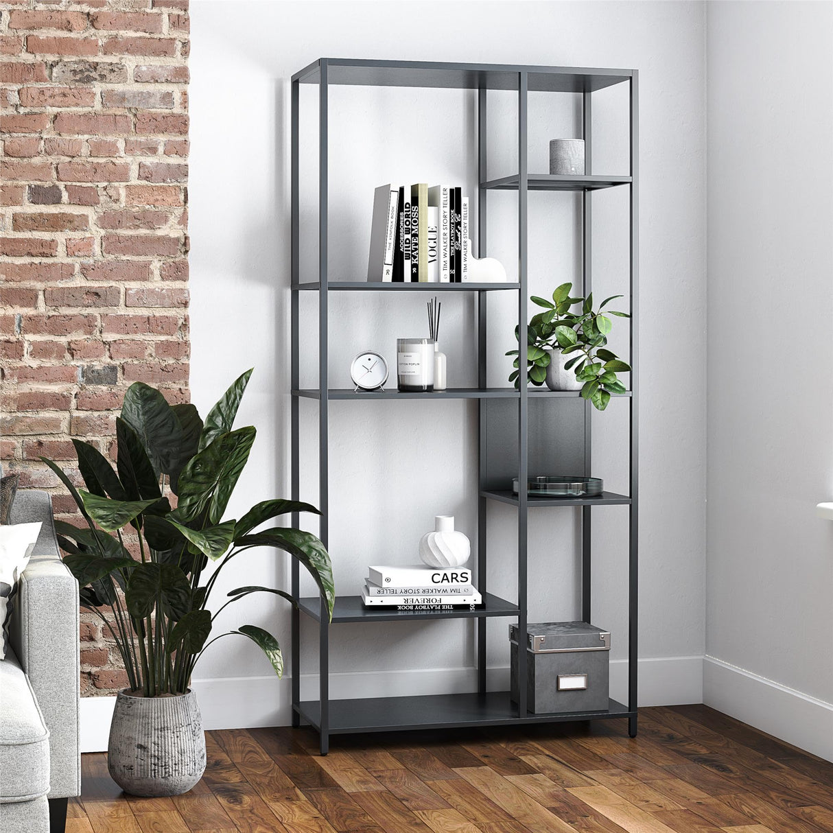 REALROOMS Shadwick 6-Shelf Metal Bookcase Room Divider for Living Room or Bedroom, Black REALROOMS