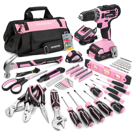 WORKPRO Pink Drill Set with UPGRADED Tool Bag, 157PCS Tool Kit For Home with 20V Cordless Drill Driver, Household Pink Tool Set including Screwdriver, Hammer, Tool Kit for Women and Men-Pink Ribbon WORKPRO