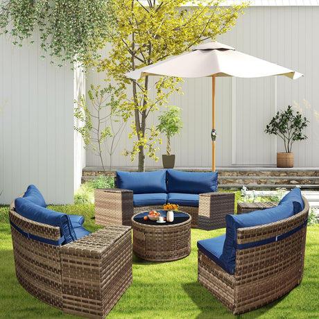 ECOTOUGE Outdoor Patio Furniture, 11-Piece Half-Moon Sectional Patio Furniture Set Curved Sofa with Tempered Glass Round Coffee Table, Fit for Pool Backyard Balcony Porch Lawn(Blue) ECOTOUGE
