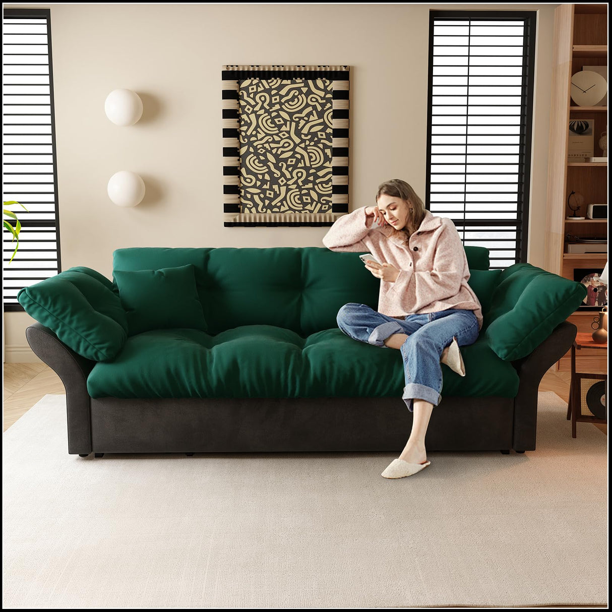 CALABASH 74.8" Futon Sofa Bed Queen Size, Pull Out Bed, 3-in-1 Convertible Sleeper Loveseat Sofa with 2 Soft Pillows, Modern Velvet Futon Couch for Living Room, Apartment, Bedroom, Small Space, Green CALABASH