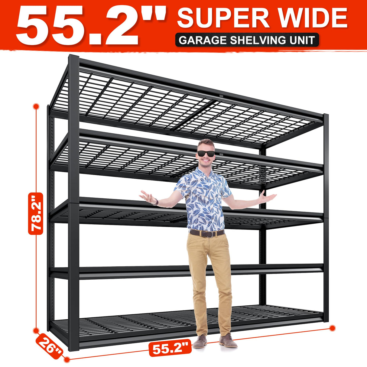 REIBII 55.2'' W x 78.2'' H x 26'' D, 5-Tier Metal Garage Shelving Units, 3000LBS Capacity, Adjustable Heavy Duty Shelves, 2 Pack REIBII