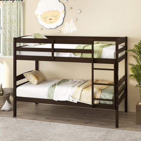 KOMFOTT Convertible Twin Over Twin Bunk Bed with Guardrail & Ladder, Space-Saving Wood Design KOMFOTT