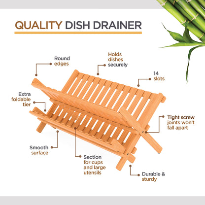 Dish Drying Rack - Collapsible 2-Tier Bamboo Dish Drainer Kitchen Plate Rack for Kitchen Countertop - Foldable & Compact for Space-Saving Storage