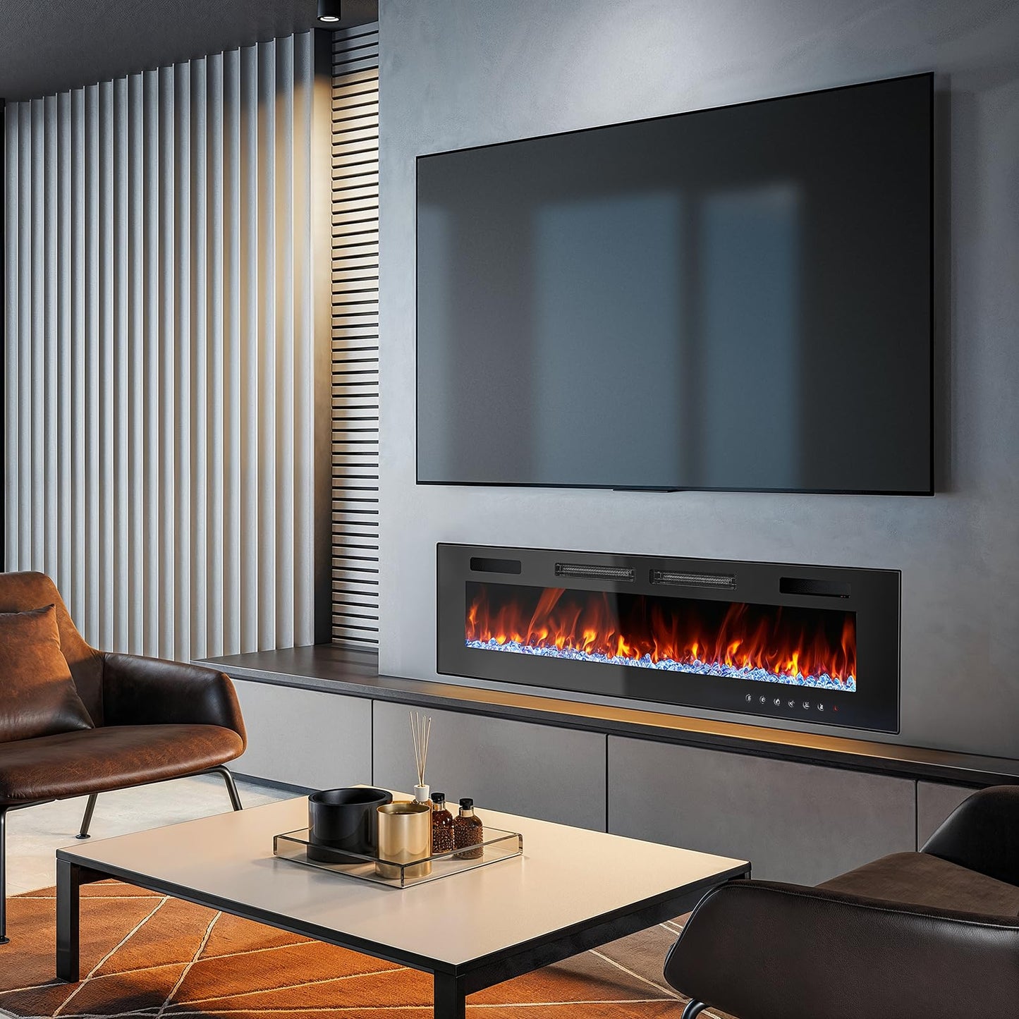 72” Electric Fireplace, Ultra-Thin Wall Mounted Electric Fireplace, Electric Fireplace Insert Heater, 750/1500W Recessed Fire Place with Adjustable Flame Color, Touch Screen and Remote Control