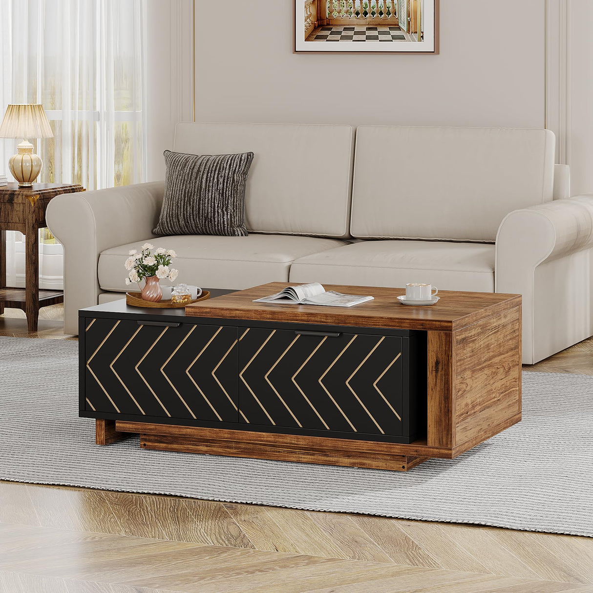 Tribesigns Extendable Coffee Table, 42"-65" Length Adjustable Reversible Wood Coffee Table with 2 Storage Drawers for Living Room, Large Long Rectangular Dual-Tone Center Table (Brown & Black) Tribesigns