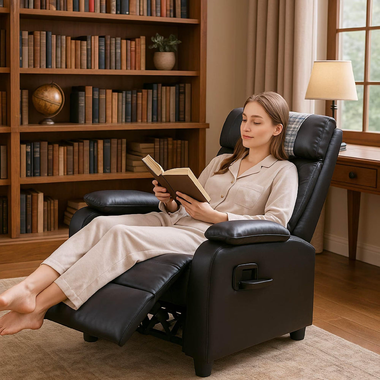 Manual Recliner Chair with Cup Holder – Classic PU Leather Reclining Single Sofa for Living Room, 3-Position Adjustable Recliner with Footrest and Headrest Pillow, Easy Assembly (Black) Generic