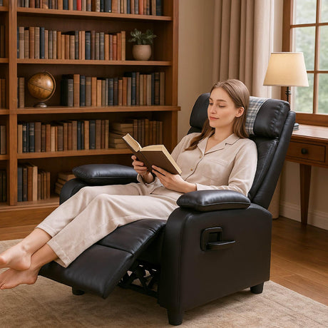 Manual Recliner Chair with Cup Holder – Classic PU Leather Reclining Single Sofa for Living Room, 3-Position Adjustable Recliner with Footrest and Headrest Pillow, Easy Assembly (Black) Generic