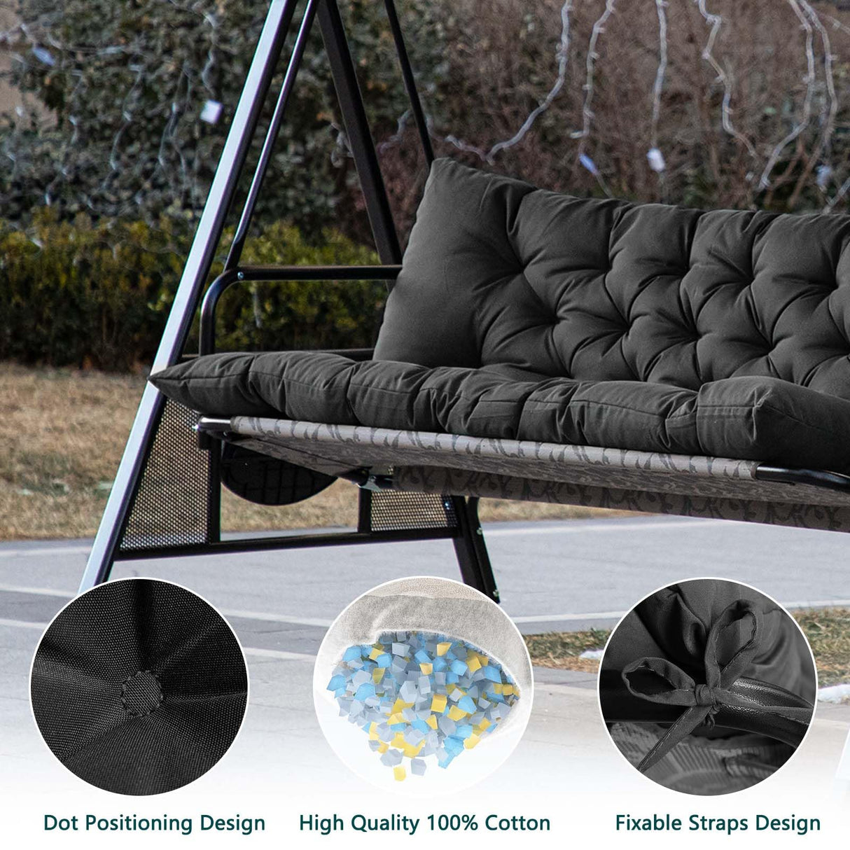 GPQAWER Porch Swing Cushions,Outdoor Cushions 3 Seater Replacement with Backrest, Waterproof Thickened Bench Cushion with Ties for Porch, Patio,Outdoor, Backyard and Garden(Dark Gray 60 * 40 in) GPQAWER