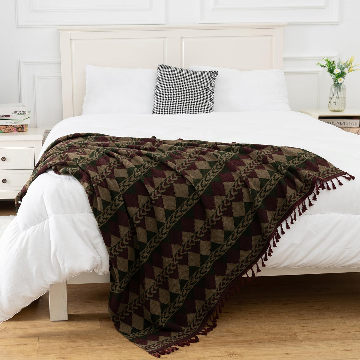 Gealaek Boho Throw Blanket Lightweight Soft Cozy Decorative Blankets for Sofa Bed Farmhouse Throw Blanket Aztec Blanket with Tassel Khaki Olive Wine Checkered 50" x 60" Gealaek