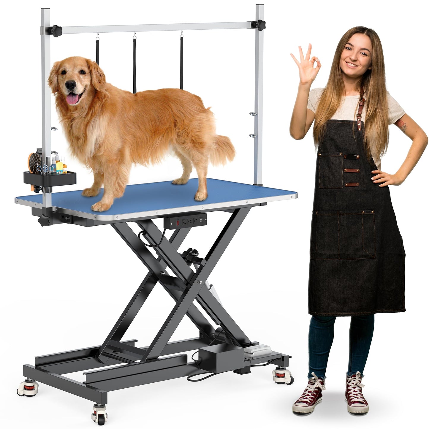 YITAHOME 49" Professional Electric Dog Grooming Table w/Leveling Wheels Heavy Duty Pet Grooming Table for Dogs at Home, w/Aluminum Large Dog Grooming Station, Anti Slip Tabletop & Tool Organi - WoodArtSupply