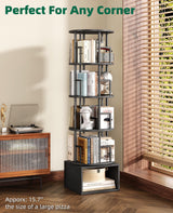 Kalrin 5 Tier Rotating Bookshelf with Extra Storage Cabinet, 360°Spinning Corner Bookshelf, Floor Standing Bookcase for Kids & Adult, Narrow Book Shelf for Bedroom Living Room, Pure Black Kalrin