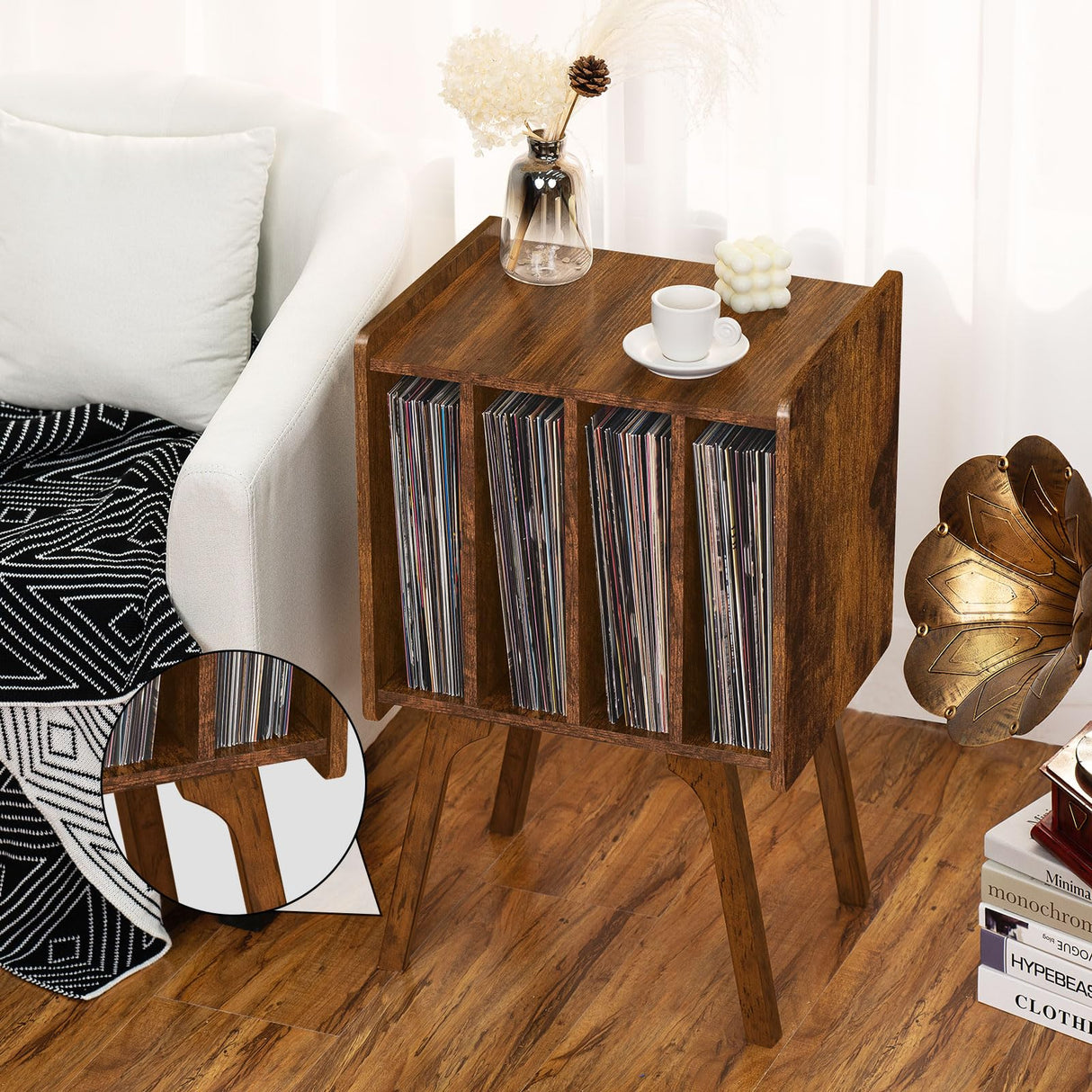 Lerliuo Record Player Stand with Storage Holds Up to 80 Albums, Turntable Stand with Beech Wood Legs, Mid-Century Record Player Table,Brown Vinyl Holder Display Shelf for Bedroom Living Room Lerliuo