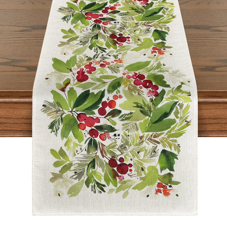 Artoid Mode Watercolor Holly Christmas Table Runner, Seasonal Winter Xmas Holiday Kitchen Dining Table Decoration for Indoor Outdoor Home Party Decor 13 x 72 Inch Artoid Mode