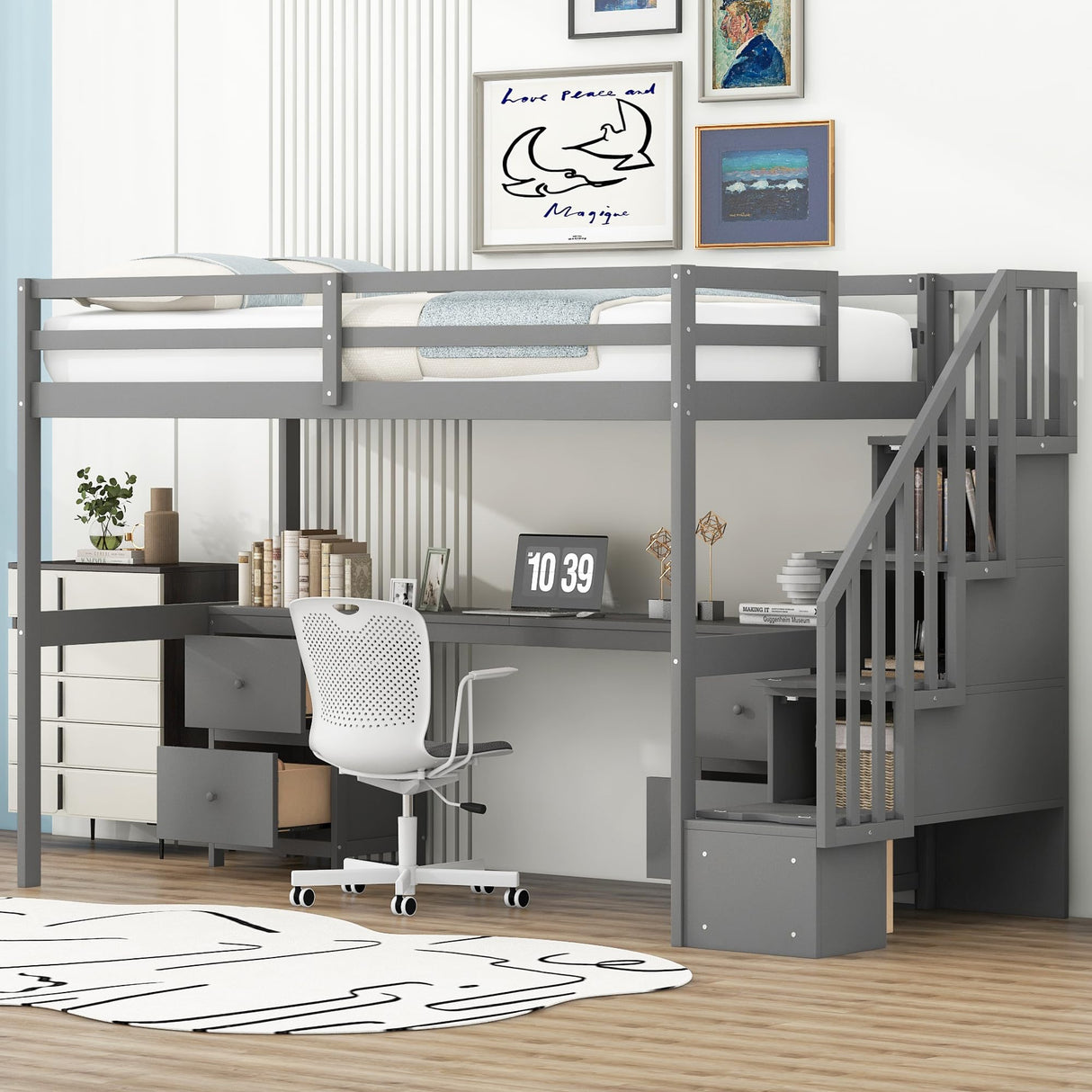 SOFTSEA Twin Loft Bed with Desk, Storage Stairs & Drawers in Grey SOFTSEA