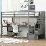 SOFTSEA Twin Loft Bed with Desk, Storage Stairs & Drawers in Grey SOFTSEA
