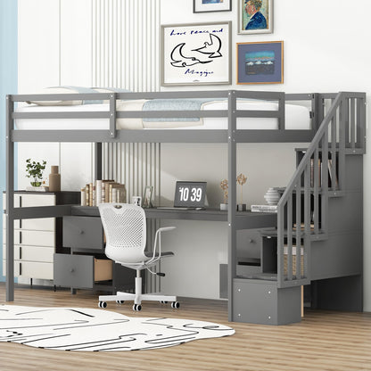 SOFTSEA Twin Loft Bed with Desk, Storage Stairs & Drawers in Grey - WoodArtSupply