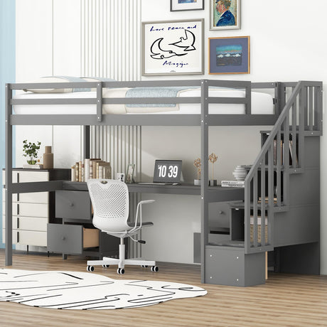 SOFTSEA Twin Loft Bed with Desk, Storage Stairs & Drawers in Grey SOFTSEA