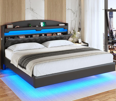 ADORNEVE King Floating Bed Frame with Hidden Storage Headboard and RGB LED Lighting