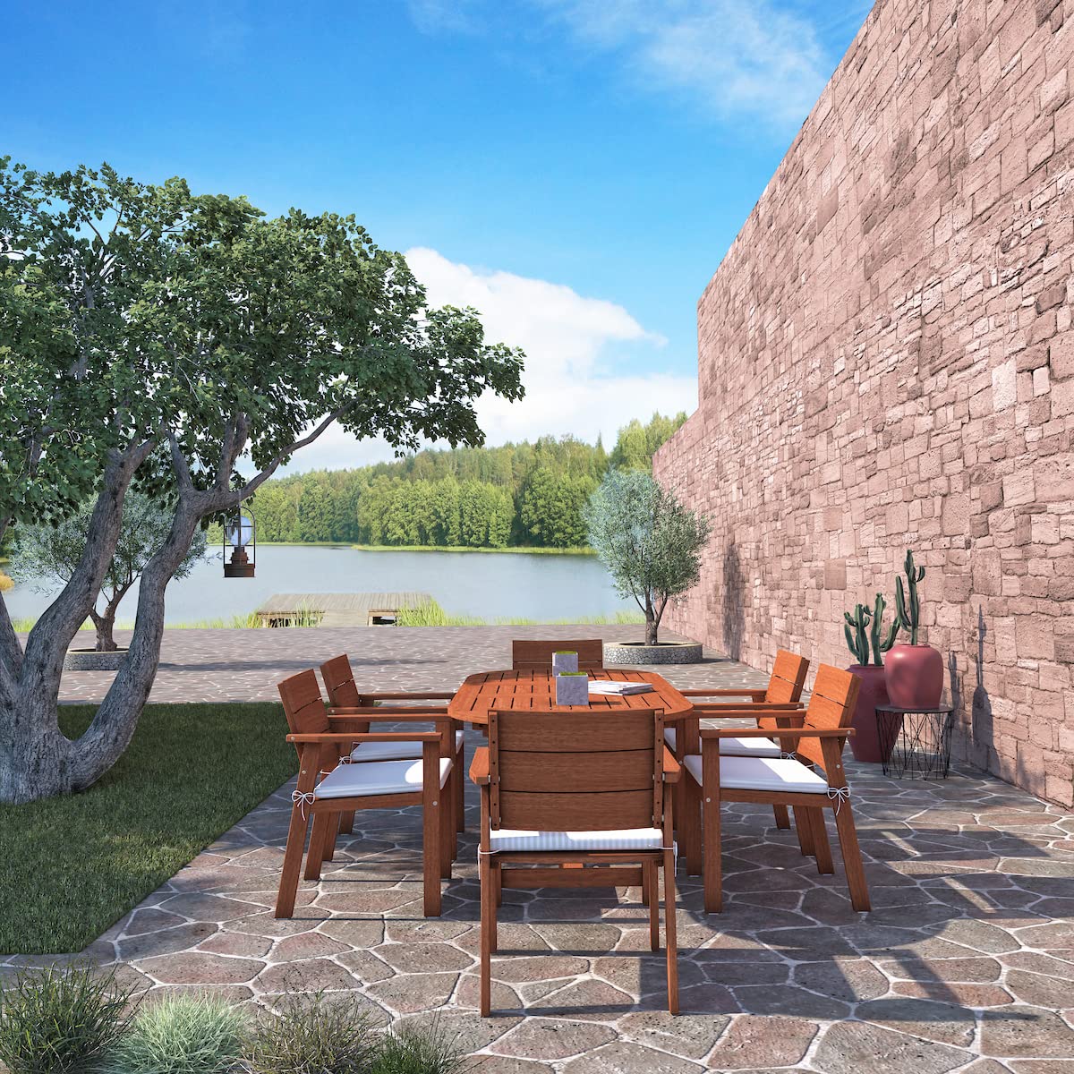 Amazonia Nelson 7-Piece Outdoor Oval Extendable Dining Table Set | Eucalyptus Wood | Ideal for Patio and Indoors Amazonia