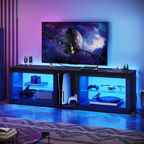 Bestier TV Stand for 70 inch TV with Power Outlets, LED Entertainment Center for PS5, Gaming TV Consoles with Glass Shelves for Living Room, 63'' Inch, Black Carbon Fiber Bestier
