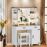 GlasFlength Farmhouse Makeup Vanity with Lighted Mirror,Vanity Desk with Charging Station,Vanity Table with Hidden Jewelry Cabinet,40'' Makeup Table with Glass Tabletop,Stool Included,Vintage White GlasFlength