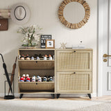 Angel Sar Rattan Shoe Cabinet for Entryway, Slim Shoe Storage Cabinet with 2 Flip Drawers, Hidden Shoe Organizer, Shoe Rack Cabinet with Metal Legs, Natural Wood Angel Sar