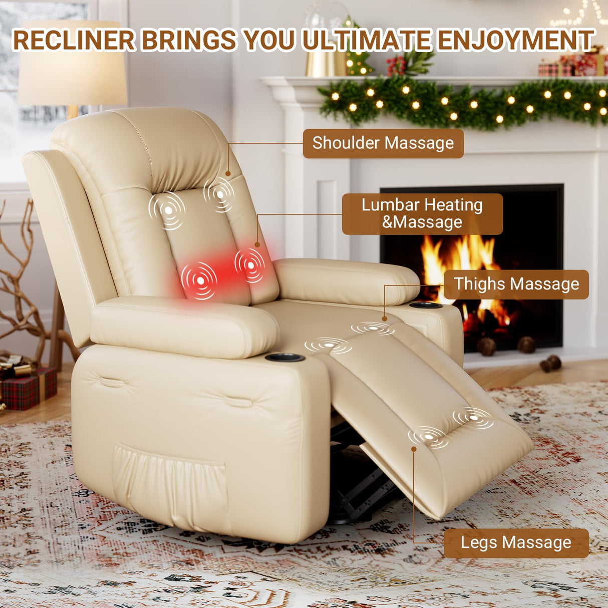 GarveeHome Power Lift Recliner Chair PU Leather with Massage for Elderly Ergonomic Lounge Chair Classic Single Sofa with 2 Cup Holders Side Pocket (Beige, 22" Seat Width + Cup Holder) GarveeHome
