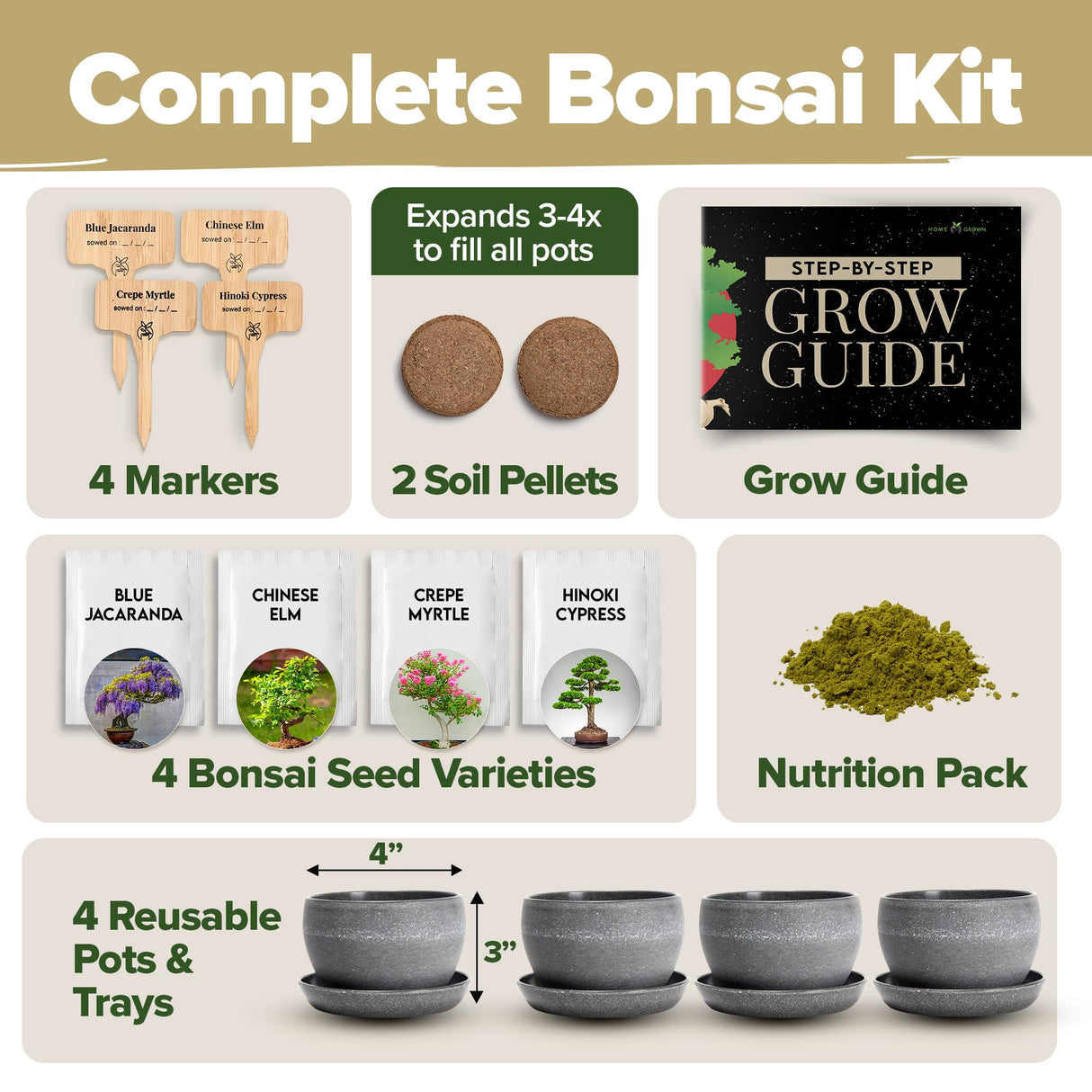 HOME GROWN Bonsai Tree Kit – Grow 4 Bonsai Types Indoors with Complete Starter Kit Including Pots Peat Pellets and Bonus Grow Guide – Unique Gardening Gift for Men Women Beginners HOME GROWN