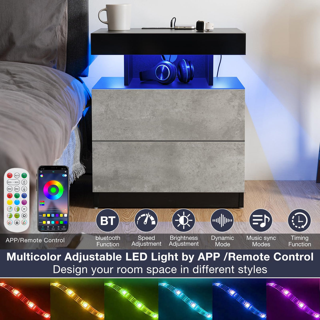 HOMMPA LED Nightstand with Wireless Charging Station & USB Ports High Gloss Bedside Table with LED Light RGB Adjustable Brightness Smart Nightstand 2 Drawers Night Stand for Bedroom Grey HOMMPA