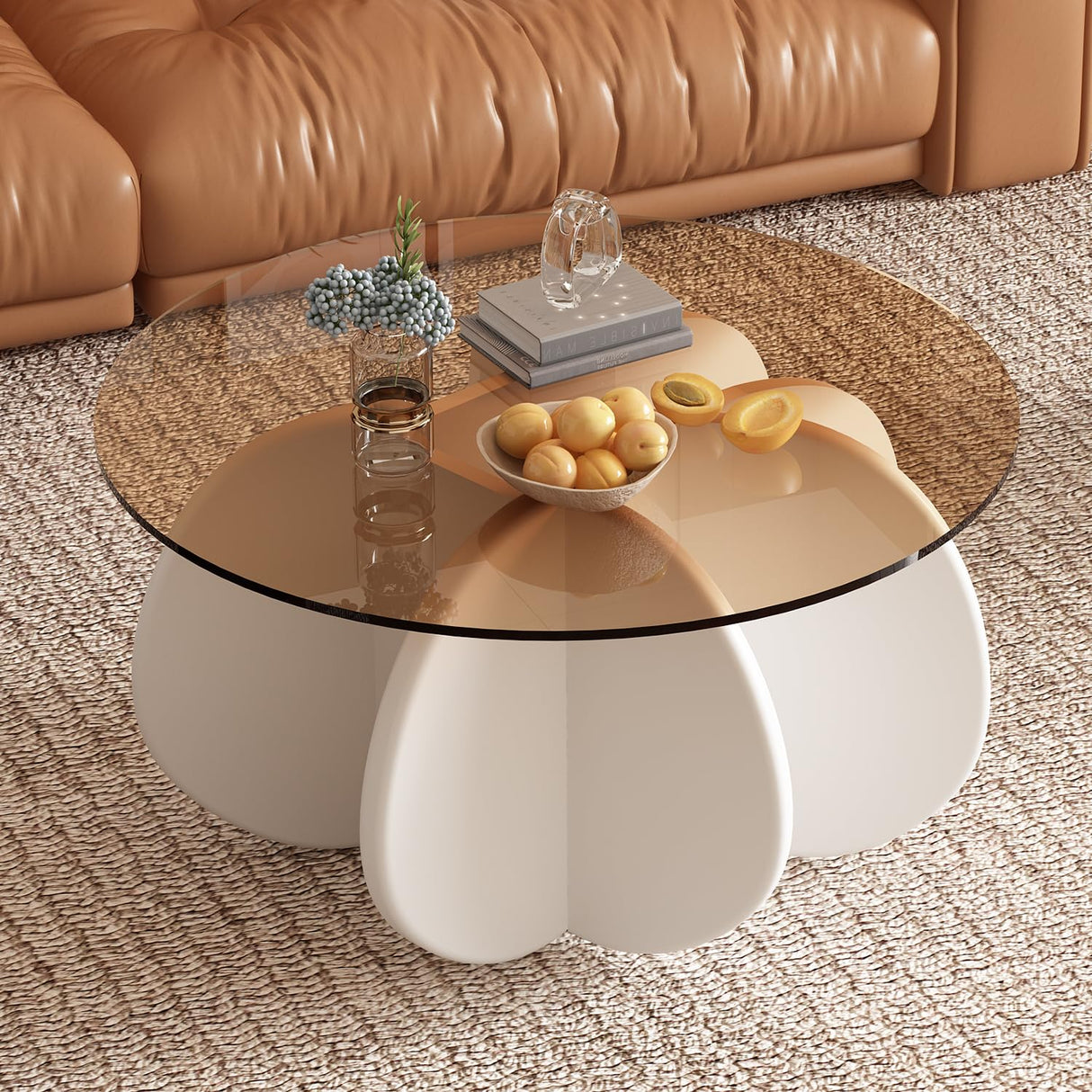 Glass Coffee Table, Mid Century Modern Design, 31.5'' Modern Round Tempered Glass Coffee Tables for Living Room, Cocktail Table for Small Space Home Office. (White + Brown) Yaruifnt