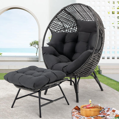 NICESOUL Patio Egg Chair with Ottoman, Indoor Outdoor Egg-Shell Lounge Chair, Cozy Oversized Round Circle Chair, 440lbs Boho Rattan Egg-Shaped Papasan w/Cushion for Living Room, Exterior, Porch, Gray