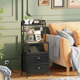 Furologee 41'' Tall Nightstand with Charging Station, Bedside Table with LED Lights, End Table with 2 Drawers and Storage Shelves, Night Stand with Pegboard for Bedroom, Living Room, Black Oak Furologee