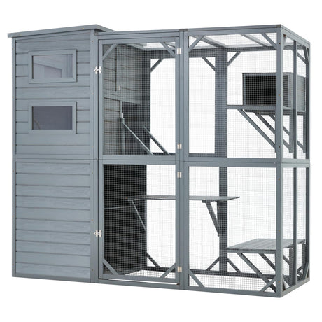 Mxsunh Catio Outdoor Cat Enclosure Large Weatherproof Outdoor Cat House for Outdoor Cats with 3 Resting Boxes, 3 Platforms,5 Windows,70" H*32" W*77" L-Gery MXSUNH