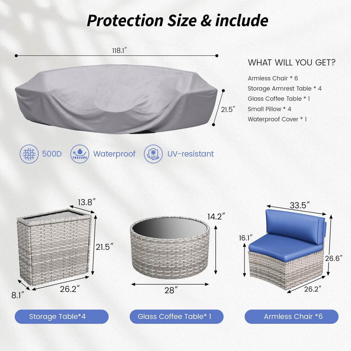 VONZOY Patio Sectional Furniture Outdoor 11-Piece Grey Rattan Curved Sofa Set with Storage Table, Pillows, Fit for Pool Backyard Balcony Porch Lawn (Navy) VONZOY