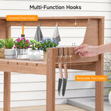 ONBRILL HDPS Potting Bench, All Weather Potting Table with 8 Hooks and Highten Tabletop, Easy Assembly Garden Work Bench, Outdoor Potting Benches for Outside Patio Lawn, 360LBS Capacity, Teak ONBRILL