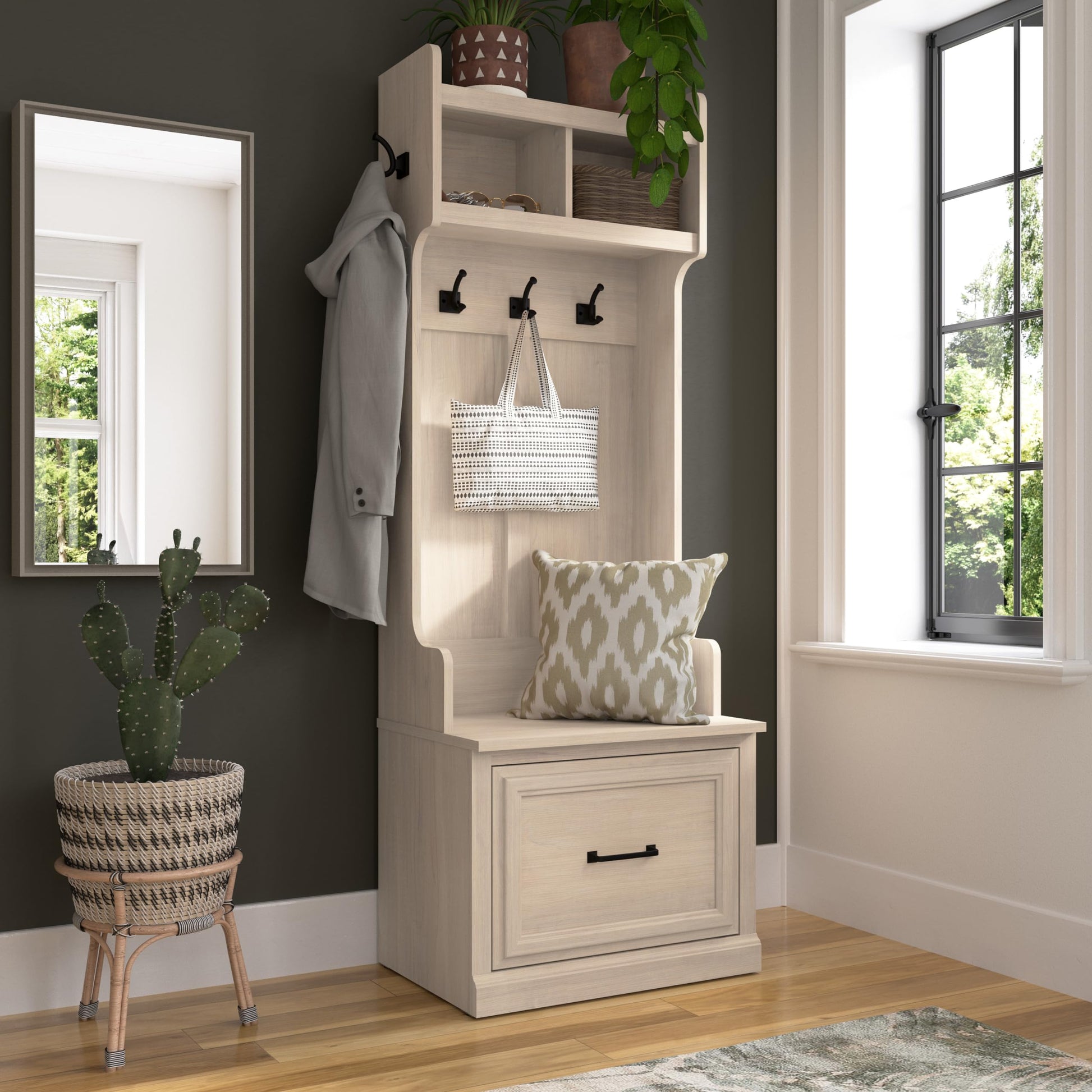 Bush Furniture Woodland Hall Tree and Small Shoe Bench with Drawer | Narrow Foyer, Mudroom, Entryway Storage, 24W, White Washed Maple - WoodArtSupply