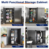 RGGCABINET Metal Storage Cabinet, Black Broom Storage Cabinets with Doors and Shelves, Tall Garage Tool Cabinet, Lockable Cleaning Closet Storage Cabinet for Home, Office, Laundry Room, Warehouses RGGCABINET