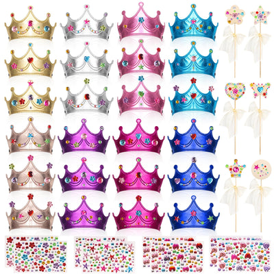 Hoedia 24+37Pcs Foam Crowns Set, Princess Tiaras and Foam DIY Crowns for Kids to Decorate for Birthday Party Crowns Favors with 24 Foam Crowns, 24 Wooden Wands, 12 Rhinestone Stickers,1 Silk Ribbon