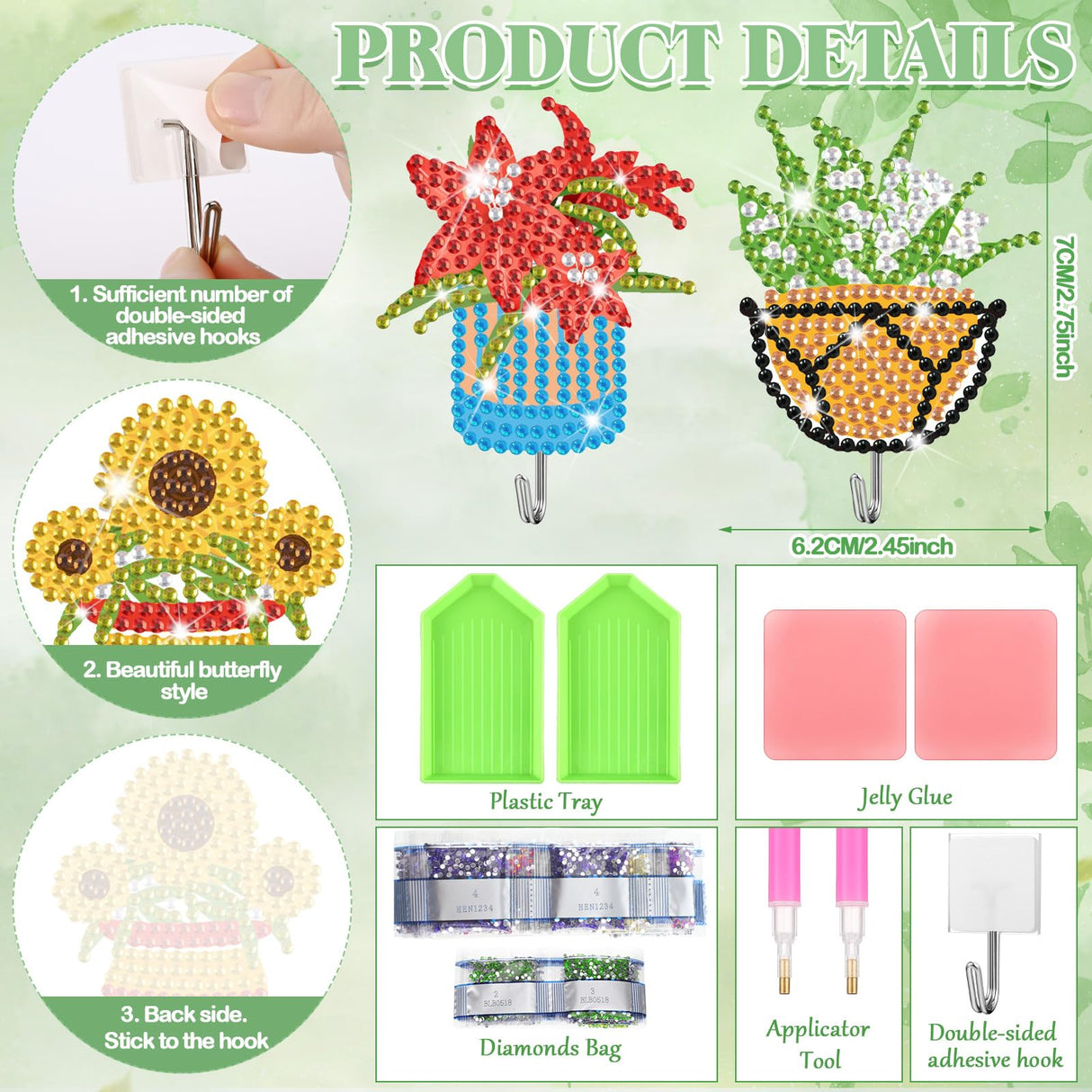 Landical 25 Pcs Floral Diamond Painting Kits for Adults Spring Plants DIY Diamond Art Painting Adhesive Hook Sunflowers Key Holder Rhinestone Dot Gem Art Kits for Towel Hat Kitchen Decoration Landical