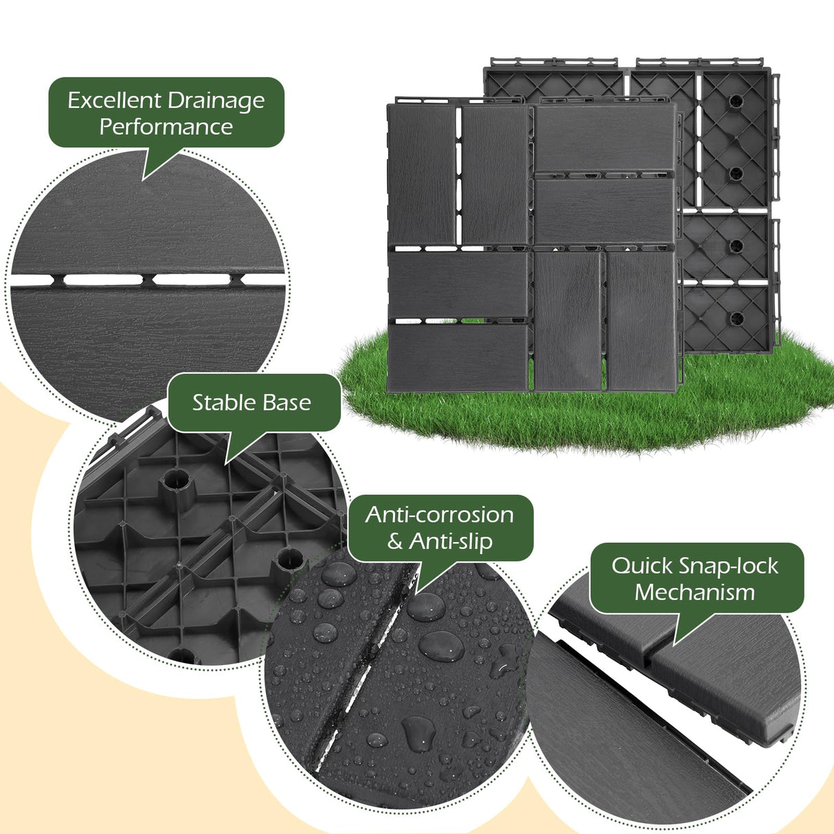 Dyna-Living 60 sq. ft Plastic Interlocking Deck Tiles, 12"x12" Indoor Outdoor Waterproof Patio Flooring All Weather Use Patio Deck Tiles for Balcony, Backyard, Garden & Poolside, 60 Pack,Dark Grey Dyna-Living