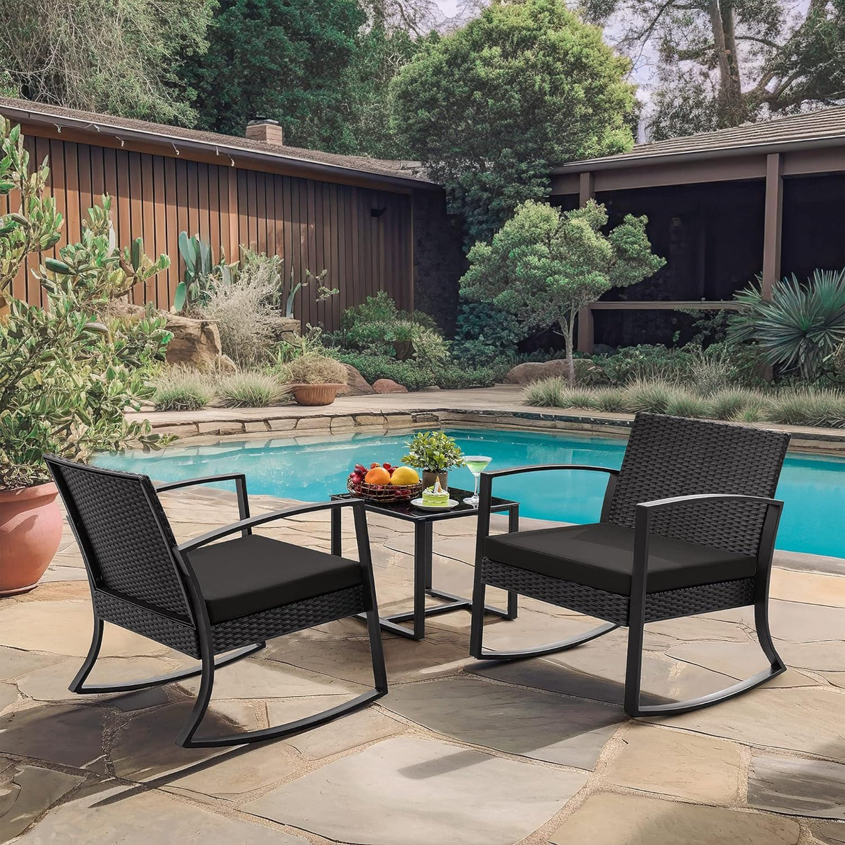 Homall Patio Furniture Set 3 Piece Resin Outdoor Bistro Set Rocking Patio Chairs with Cushions and Table for Porch, Poolside, Balcony and Yard (Black) Homall