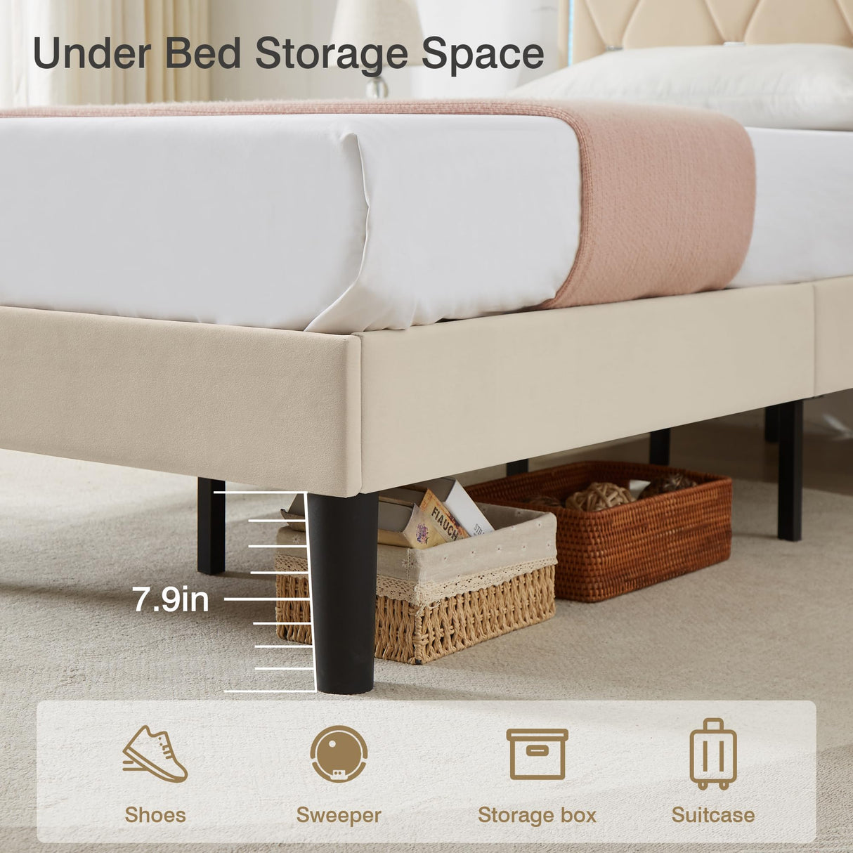 VECELO Upholstered Full Bed Frame with Headboard Adjustable, Velvet Platform Beds with LED Lights, Charging Station, Mattress Foundation with Wooden Slats, Noise Free, No Box Spring Needed, Beige VECELO