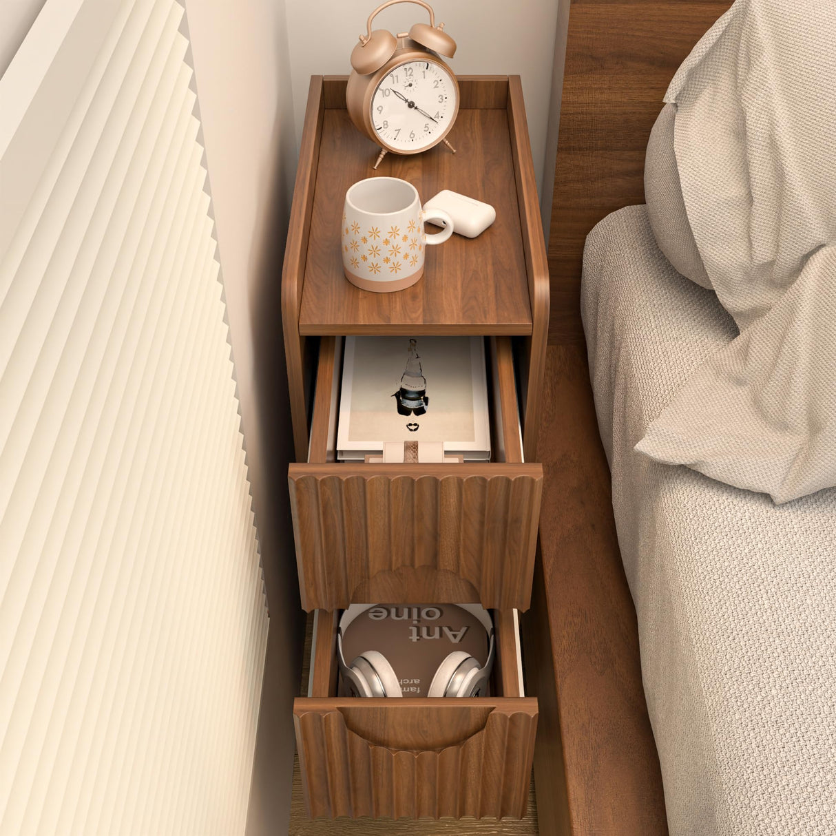 Narrow Fluted Nightstand Set of 2, Wooden Small 2 Drawer Nightstand, Slim Side End Table, Vintage Bedside Table, Mid Century Modern Night Stand with Drawers, for Living Room, Bedroom, Walnut Jluomei