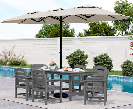 SERWALL 8-Piece Patio Dining Sets with 15FT Double Side Patio Umbrella, Outdoor HDPE Dining Furniture Set with Umbrella Hole Cut-Out Table and 6 Chairs, Gray（Umbreall Base not Included） SERWALL